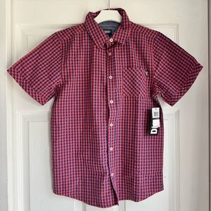 DKNY Boys Coral Orange and Navy Plaid Button Down Shirt